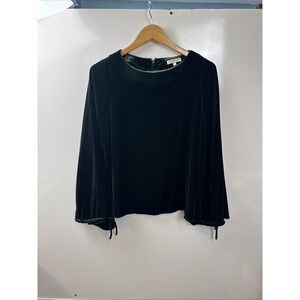 Ann Nashburn Emerald  Green Velvet Long Sleeve Top Round Neckline Tie Cuffs